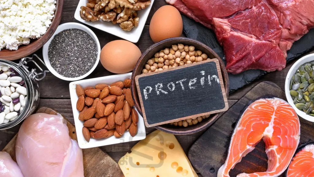 عکس تعدادی از منابع غذایی حاوی پروتئین که برای دوران بارداری بعد از عمل اسلیو مناسب هستند